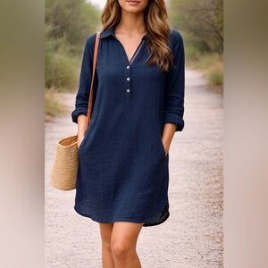 Sundry Navy Gauze Shirtdress Long Sleeve Made in USA Size 2 Medium NWT